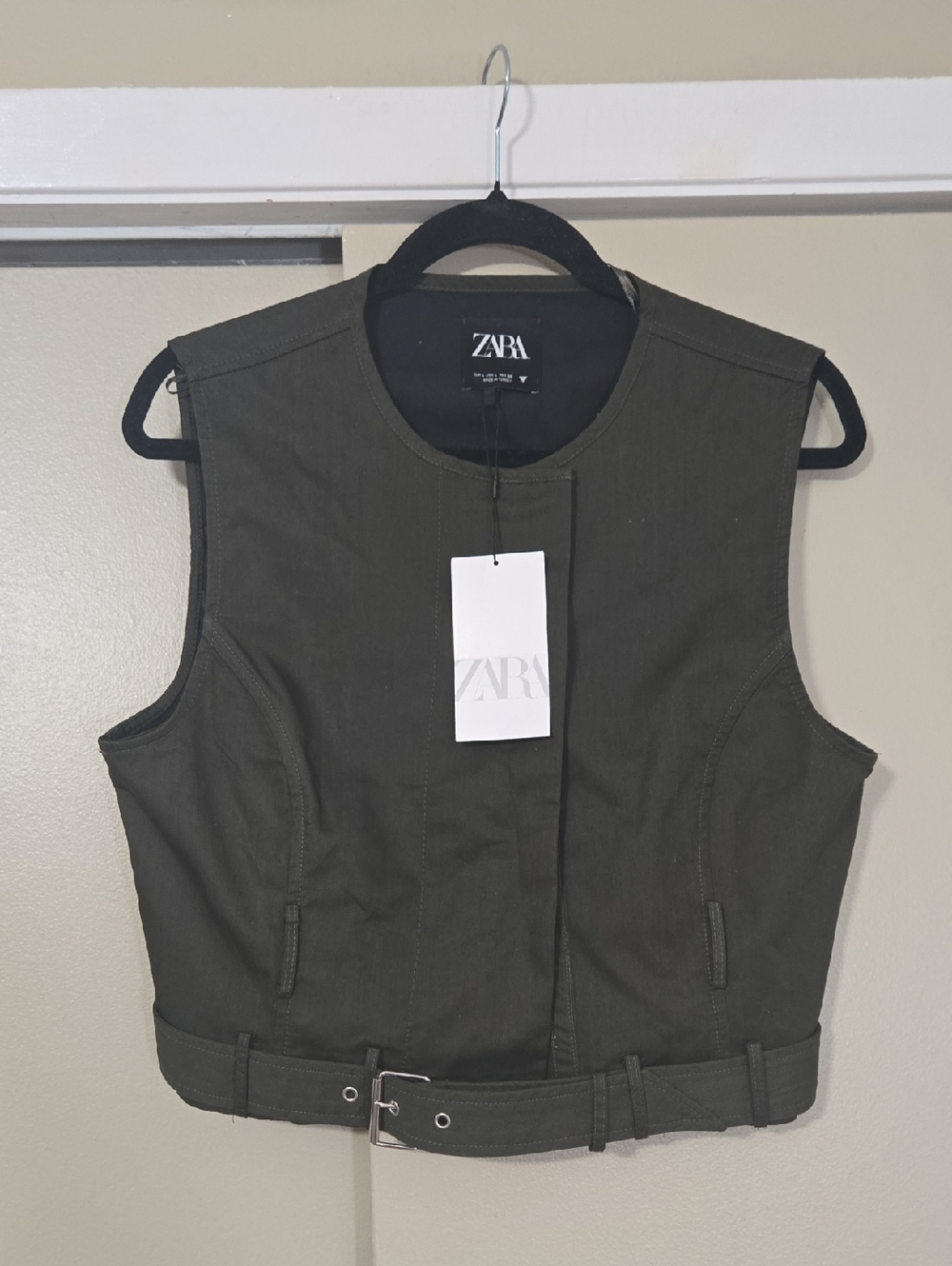 Zara Olive Green Cropped Belted Vest